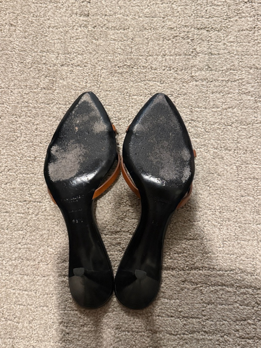 Saint Laurent Carla Black Leather Mules with Tan Straps - Picture 14 of 16